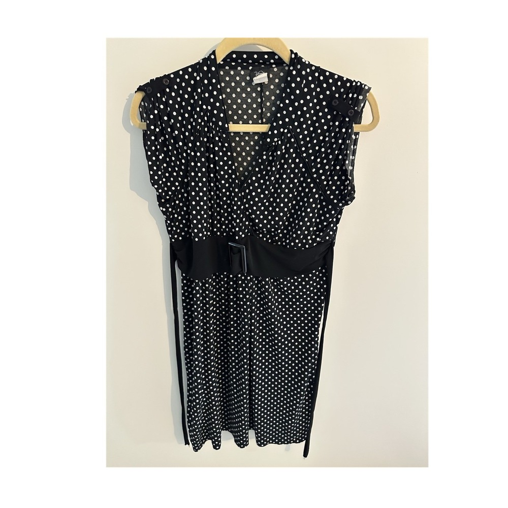 Vanity Polka Dot A-Line Dress XL Black White Belted Cap Sleeves Knee Length